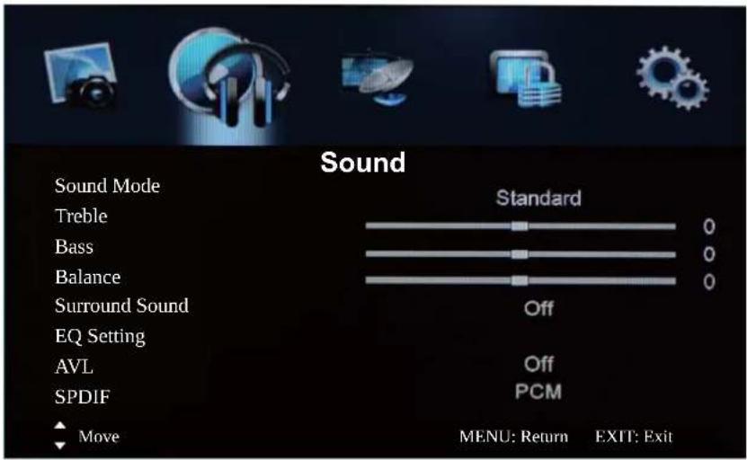 Sound Sound Mode Treble Bass Balance Surround Sound EQ Setting AVL SPDIF Move Standard Off Off PCM MENU: Return EXIT: Exit