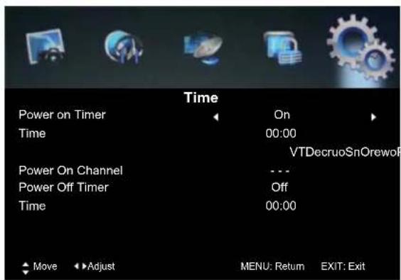 Time Power on Timer On Time 00:00 VTDecruoSnOrewoF Power On Channel --- Power Off Timer Off Time 00:00 Move Adjust MENU: Return EXIT: Exit