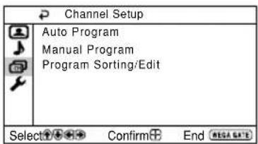 Channel Setup Auto Program Manual Program Program Sorting/Edit Select Confirm End