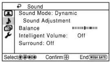 Sound Sound Mode: Dynamic Sound Adjustment Balance Immittent Intelligent Volume: Off Surround: Off Select Confirm End