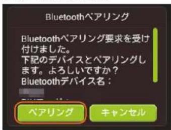 Bluetoothペアリング Bluetoothペアリング要求を受け 付けました。 下記のデバイスとペアリングし ます。よろしいですか? Bluetoothデバイス名: ペアリング キャンセル