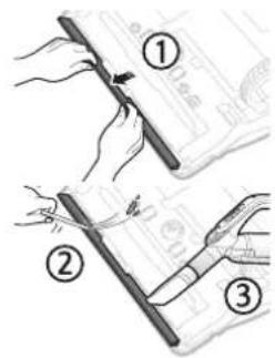 Diagram showing three steps of a mechanical or electrical procedure with labeled components and directional arrows