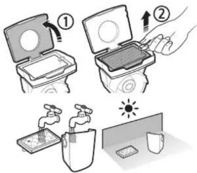 Illustration showing two steps to open a device with water taps and a sun icon, illustrating appliance cleaning or cooling process.