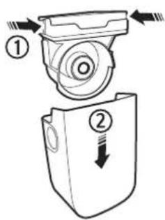 Diagram showing two labeled parts of a mechanical device with directional arrows indicating movement or force.