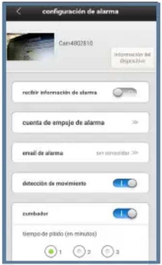 configuración de alarma Can4802810 información del dispositivo recibir información de alarma cuenta de empeje de alarma email de alarma sin consolider detección de movimiento zumbador tiempo de pálido (en minutos) 1 2 3