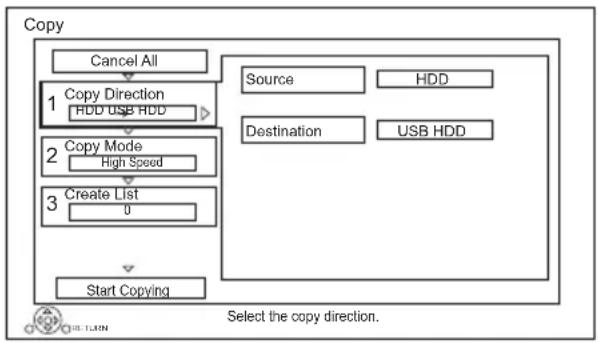 graph TD A["Cancel All"] --> B["Copy Direction"] B --> C["Copy Mode"] C --> D["Create List"] D --> E["Start Copying"] F["Source"] --> G["HDD"] H["Destination"] --> I["USB HDD"] J["Select the copy direction."] --> B J --> C J --> D