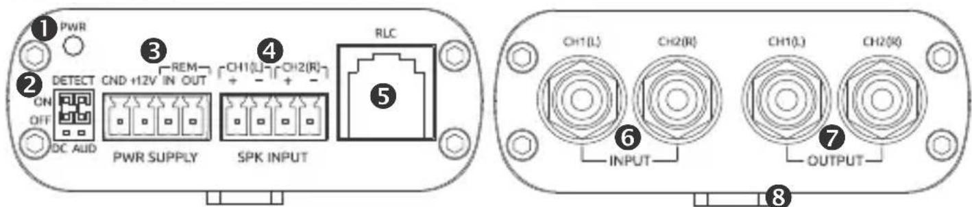 1 PWR 2 DETECT ON OFF DC ALID 3 CND +12V REM OUT 4 CH1(L) CH2(R) + SPK INPUT 5 RLC 6 CH1(L) CH2(R) 7 CH1(L) CH2(R) INPUT OUTPUT 8