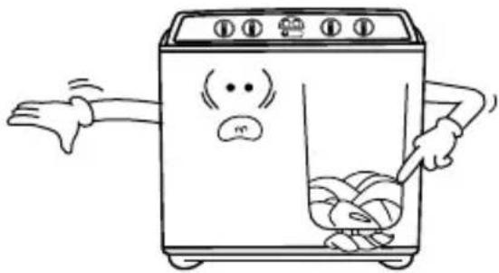 Cartoon illustration of a washing machine with hands pointing at it, showing food being washed (no text or symbols)