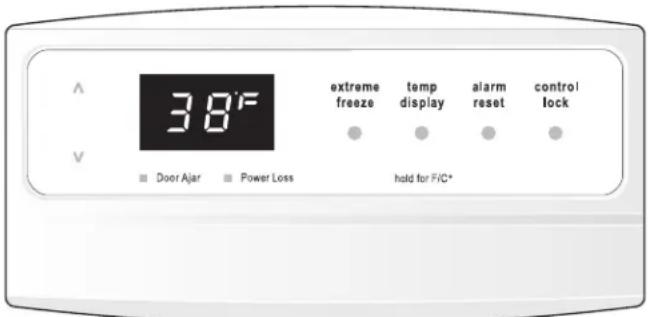 38°F extreme freeze temp display alarm reset control lock Door Ajar Power Loss hold for F/C*