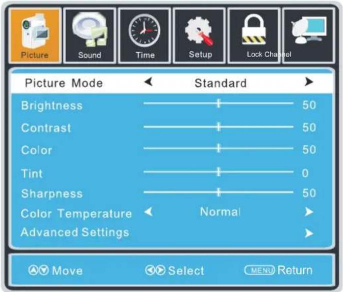 Picture Mode Brightness Contrast Color Tint Sharpness Color Temperature Advanced Settings Standard 50 50 50 0 50 Normal Move Select MENU Return