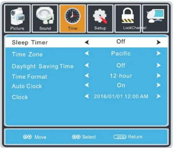 Picture Sound Time Setup LockChannel Sleep Timer Off Time Zone Pacific Daylight Saving Time Off Time Format 12-hour Auto Clock On Clock 2016/01/01 12:00 AM Move Select MENU Return