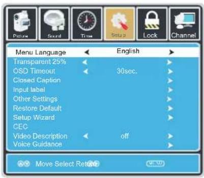Menu Language Transparent 25% OSD Timeout Closed Caption Input label Other Settings Restore Default Setup Wizard CEC Video Description Voice Guidance English 30sec. off Move Select Retain