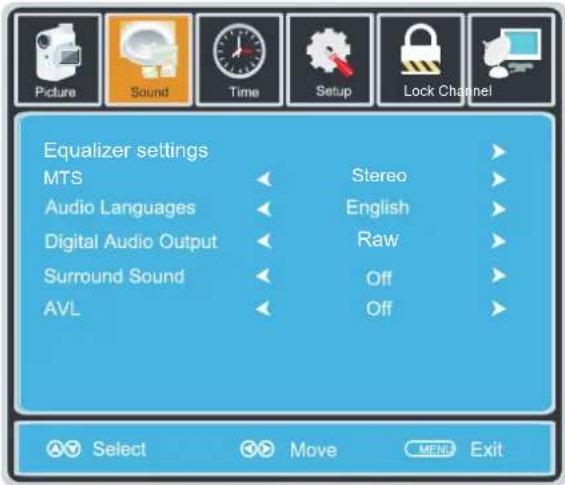Picture Sound Time Setup Lock Channel Equalizer settings MTS Audio Languages Digital Audio Output Surround Sound AVL Stereo English Raw Off Off Select Move MENU Exit