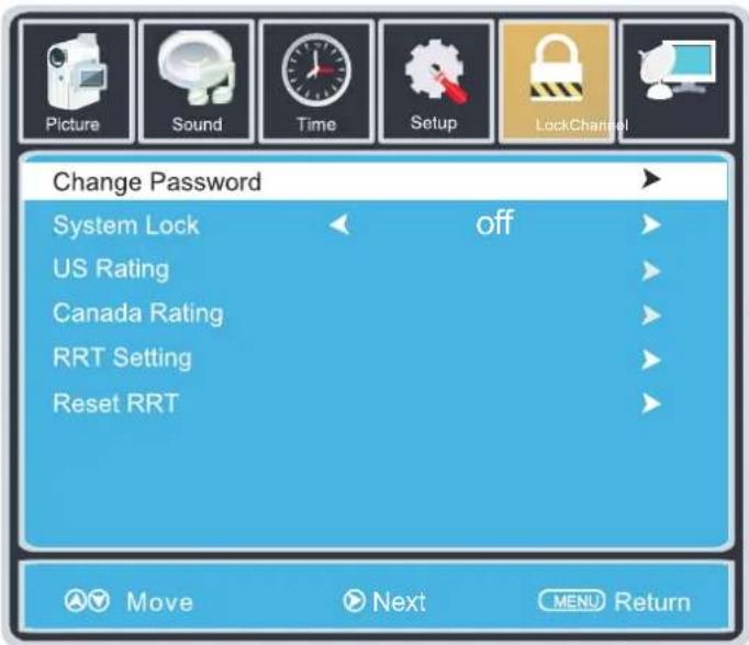 Change Password System Lock off US Rating Canada Rating RRT Setting Reset RRT Move Next MENU Return