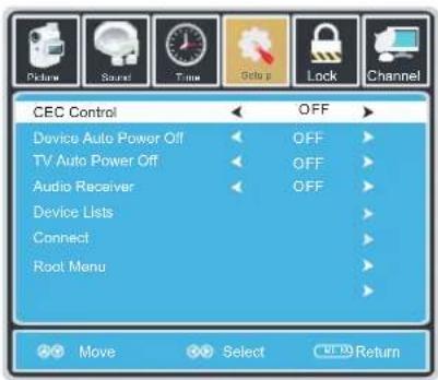CEC Control Device Auto Power Off TV Auto Power Off Audio Receiver Device Lists Connect Root Menu OFF OFF OFF OFF Move Select Return