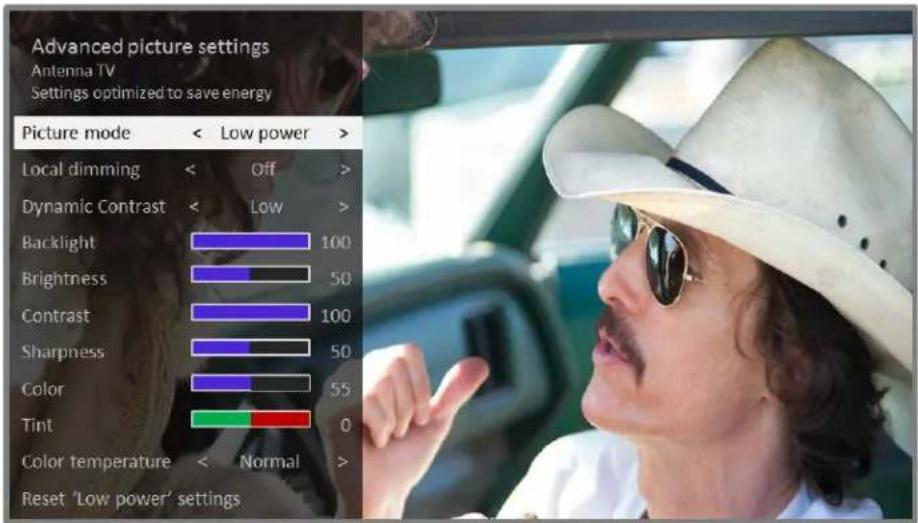 Advanced picture settings Antenna TV Settings optimized to save energy Picture mode < Low power > Local dimming < Off > Dynamic Contrast < Low > Backlight 100 Brightness 50 Contrast 100 Sharpness 50 Color 55 Tint 0 Color temperature < Normal > Reset 'Low power' settings