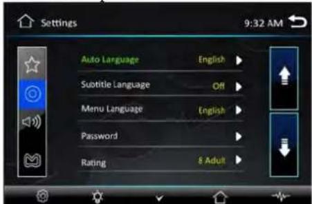 Settings 9:32 AM Auto Language English Subtitle Language Off Menu Language English Password Rating 8 Adult
