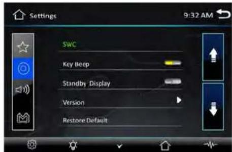 Settings 9:32 AM SWC Key Beep Standby Display Version Restore Default