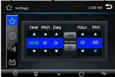 Settings 12:00 AM Year Mon Day Hour Min 2016 01 01 AM Time format 12 00 12