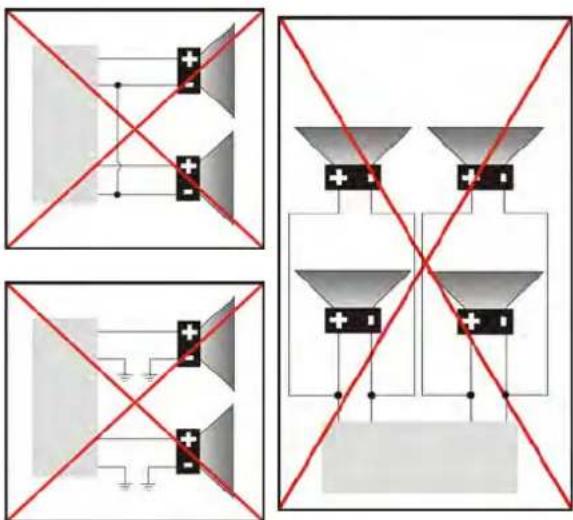 Diagram showing three different types of speaker-only connections with red X-bracing, likely illustrating signal or circuitry concepts.