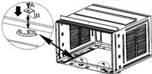 Technical diagram showing installation of a mechanical housing with labeled components A and B, including an inset view of a component with arrows indicating assembly.