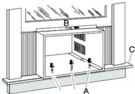 Technical diagram of a mechanical or electrical enclosure with labeled components A, B, and C, showing internal structure and directional arrows.