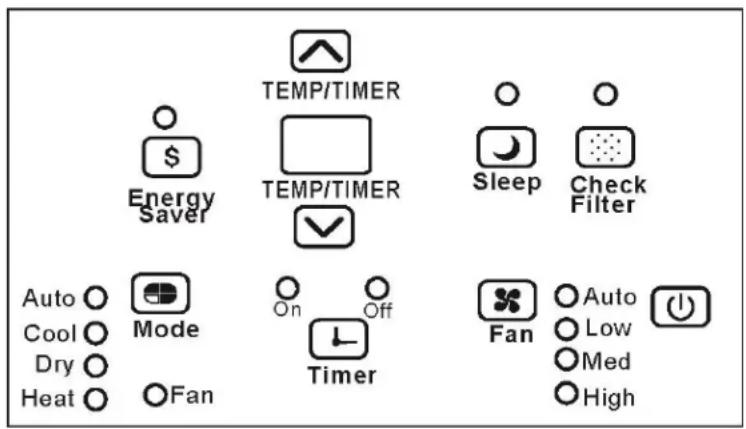 TEMP/TIMER Energy Saver TEMP/TIMER Sleep Check Filter Auto Cool Dry Heat Mode On Off Timer Fan Auto Low Med High
