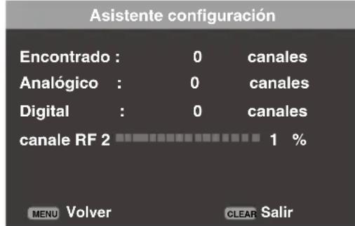 Asistente configuración Encontrado : 0 canales Analógico : 0 canales Digital : 0 canales canale RF 2 1 % MENU Volver CLEAR Salir