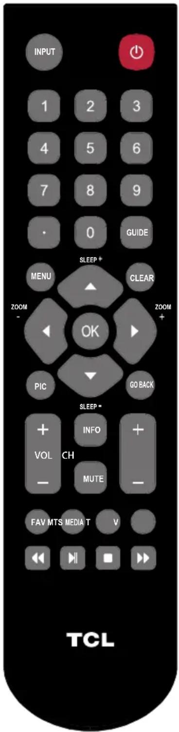 INPUT 1 2 3 4 5 6 7 8 9 0 GUIDE SLEEP+ MENU CLEAR ZOOM OK ZOOM PIC GO BACK SLEEP+ VOL INFO + CH MUTE - FAV MTS MEDIA T V TCL