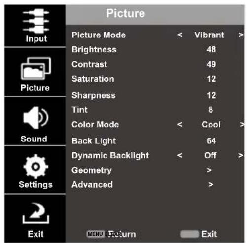 Picture Input Picture Mode < Vibrant > Brightness 48 Contrast 49 Saturation 12 Sharpness 12 Tint 8 Color Mode < Cool > Back Light 64 Dynamic Backlight < Off > Geometry > Advanced > Exit MENU Return Exit