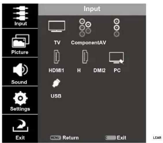 Input Input Picture Sound Settings Exit TV ComponentAV HDMI1 H DMI2 PC USB MENU Return C Exit LEAR