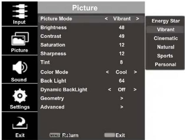 Picture Input Picture Mode < Vibrant > Brightness 48 Contrast 49 Saturation 12 Sharpness 12 Tint 8 Color Mode < Cool > Back Light 64 Dynamic BackLight < Off > Geometry > Advanced > Energy Star Vibrant Cinematic Natural Sports Personal Sound Settings Exit MENU Return Exit