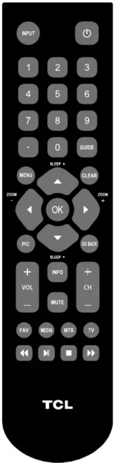 INPUT 1 2 3 4 5 6 7 8 9 · 0 GUIDE SLEEP + MENU CLEAR ZOOM OK ZOOM PIC GO BACK SLEEP - + INFO + VOL CH — MUTE — FAV MEDIA MTS TV TCL