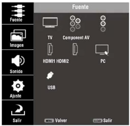 Fuente TV Component AV HDMI1 HDMI2 PC USB Menu Volver CLEAR Salir Imagen Sonido Ajuste Salir
