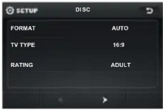 SETUP DISC FORMAT AUTO TV TYPE 16:9 RATING ADULT
