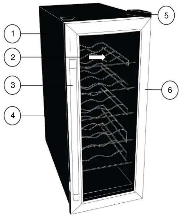 Diagram of a refrigerator interior with numbered parts labeled 1 to 6, showing internal airflow or ventilation patterns.