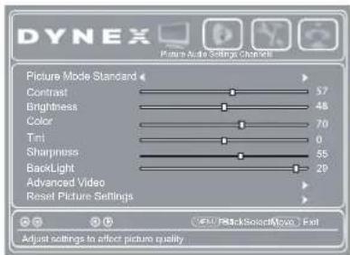 DYNEX Picture Mode Settings Channels Picture Mode Standard Contrast 57 Brightness 48 Color 70 Tint 0 Sharpness 55 BackLight 20 Advanced Video Reset Picture Settings Adjust settings to affect picture quality