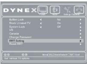 DYNEX Button Lock Block Unrated TV System Lock US Canada Change Password RRT Setting Reset RRT Move Input/BackSelect / Exit