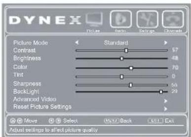 DYNEX Picture Mode Standard Contrast 57 Brightness 48 Color 70 Tint 0 Sharpness 60 Backlight 29 Advanced Video Reset Picture Settings Move Select Modify Back Exit Actual settings to affect picture quality