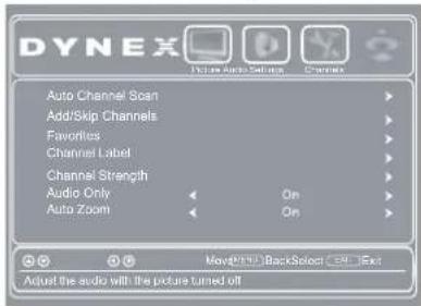 DYNEX Auto Channel Scan Add/Skip Channels Favorites Channel Label Channel Strength Audio Only On Auto Zoom On My4510 BackSelect Ctrl Exit Adjust the audio with the picture turned off