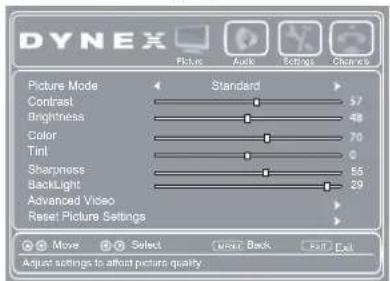 DYNEX Picture Mode Standard Contrast 57 Brightness -48 Color 70 Tint 0 Sharpness 55 Backlight 29 Advanced Video Reset Picture Settings Move Select User Back Reset End Adjust settings to affect picture quality