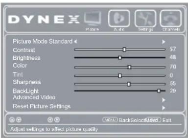 DYNEX Pictures A. de Settings Channels Picture Mode Standard Contrast 57 Brightness 48 Color 70 Tint 0 Sharpness 55 BackLight 29 Advanced Video Reset Picture Settings Adjust settings to affect picture quality