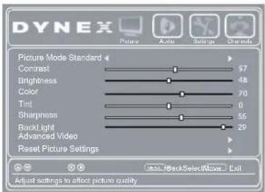 DYNEX Picture Mode Standard Contrast Brightness Color Tint Sharpness BackLight Advanced Video Reset Picture Settings 57 48 70 0 55 29 Adjust settings to effect picture quality