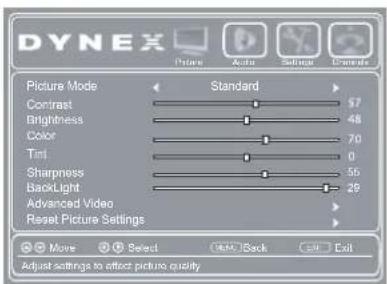 DYNEX Picture Mode Standard Contrast 57 Brightness 48 Color 70 Tm1 0 Sharpness 55 BackLight 29 Advanced Video Reset Picture Settings Move Select OK/ Back Exit Adjust settings to affect picture quality