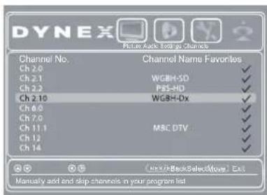 DYNEX Picture Audio Settings Channels Channel No. Channel Name Favorites Ch 2.0 WGBH-5D Ch 2.1 P&S-HD Ch 2.2 Ch 2.10 WGBH-Dx Ch 6.0 Ch 7.0 Ch 11.1 MSC DTV Ch 12 Ch 14 Ch 17+BackSelectMove Exit Manually add and drop channels in your program list