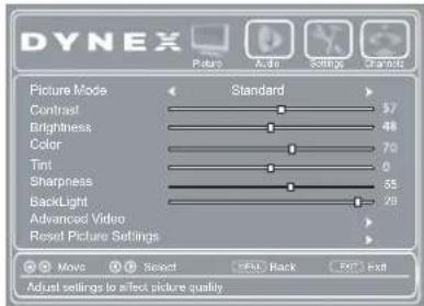 DYNEX Picture Mode Standard Contrast 57 Brightness 48 Color 70 Tint 0 Sharpness 65 Backlight 70 Advanced Video Reset Picture Settings Move Select None Back Exit Adjust settings to affect picture quality