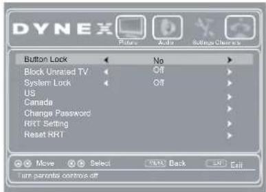 DYNEX Button Lock No Block Untreated TV Off System Lock Off US Canada Change Password RRT Setting Reset RRT Move Select Back Exit Turn parents controls off