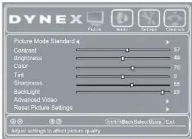 DYNEX Picture Mode Standard Contrast 57 Brightness 48 Color 70 Tint 0 Sharpness 55 Backlight 29 Advanced Video Reset Picture Settings M-11/BackSelectMove /Ext Adjust settings to affect picture quality