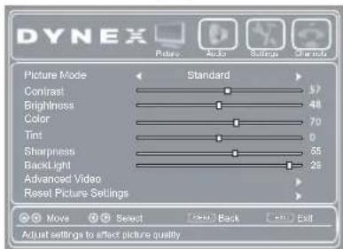 DYNEX Picture Mode Standard Contrast 57 Brightness 48 Color 70 Tint 0 Sharpness 55 Backlight 29 Advanced Video Reset Picture Settings Move Select Back Exit Adjust settings to affect picture quality