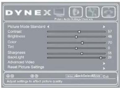 DYNEX Picture Mode Settings Channels Picture Mode Standard Contrast Brightness Color Tint Sharpness Backlight Advanced Video Reset Picture Settings 57 48 70 0 55 25 Adjust settings to effect picture quality